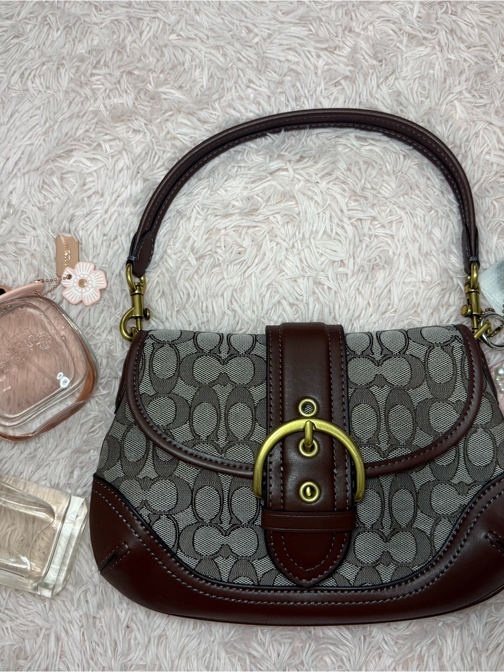 Coach Brown and Gray Signature Canvas Shoulder Bag with Brass Ring